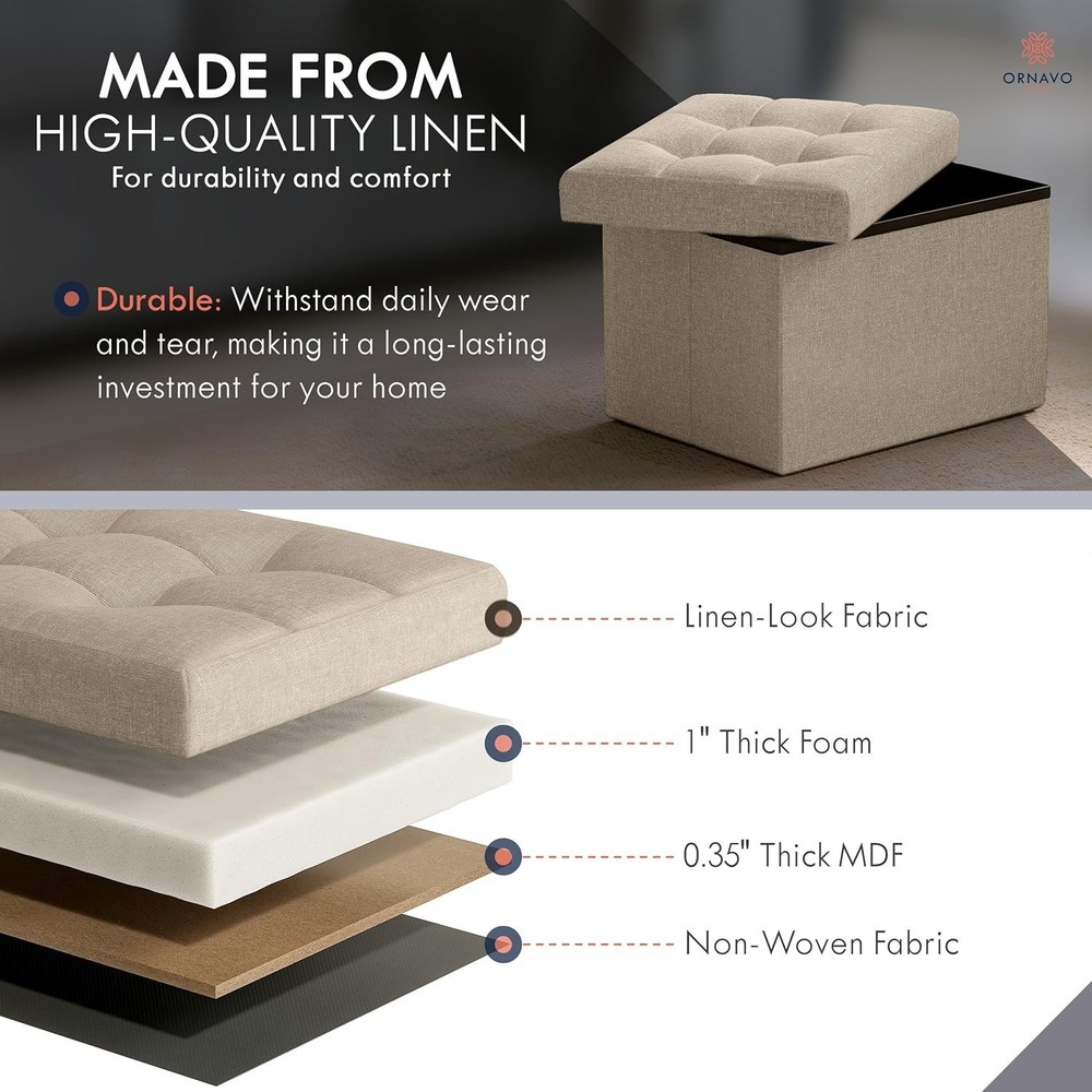 Small Storage Ottoman Foldable Collapsible Rectangle Linen Ottoman Foot Rest