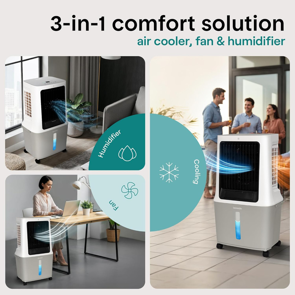 Portable Swamp Cooler Air Conditioner - 2500 CFM Airflow, 8 Gallon Water Tank Po