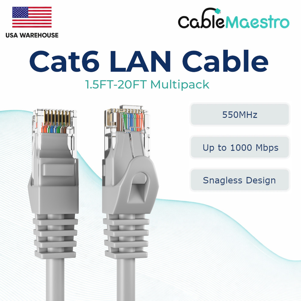 CAT6 Ethernet LAN Network RJ45 Patch Cables 1.5FT-20FT Multipack LOT, Gray