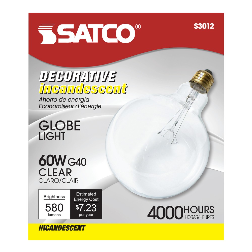 Satco S3012 60G40 Globe Light Bulb 120V 60W G40 Medium E26 Base Dimmable Clear