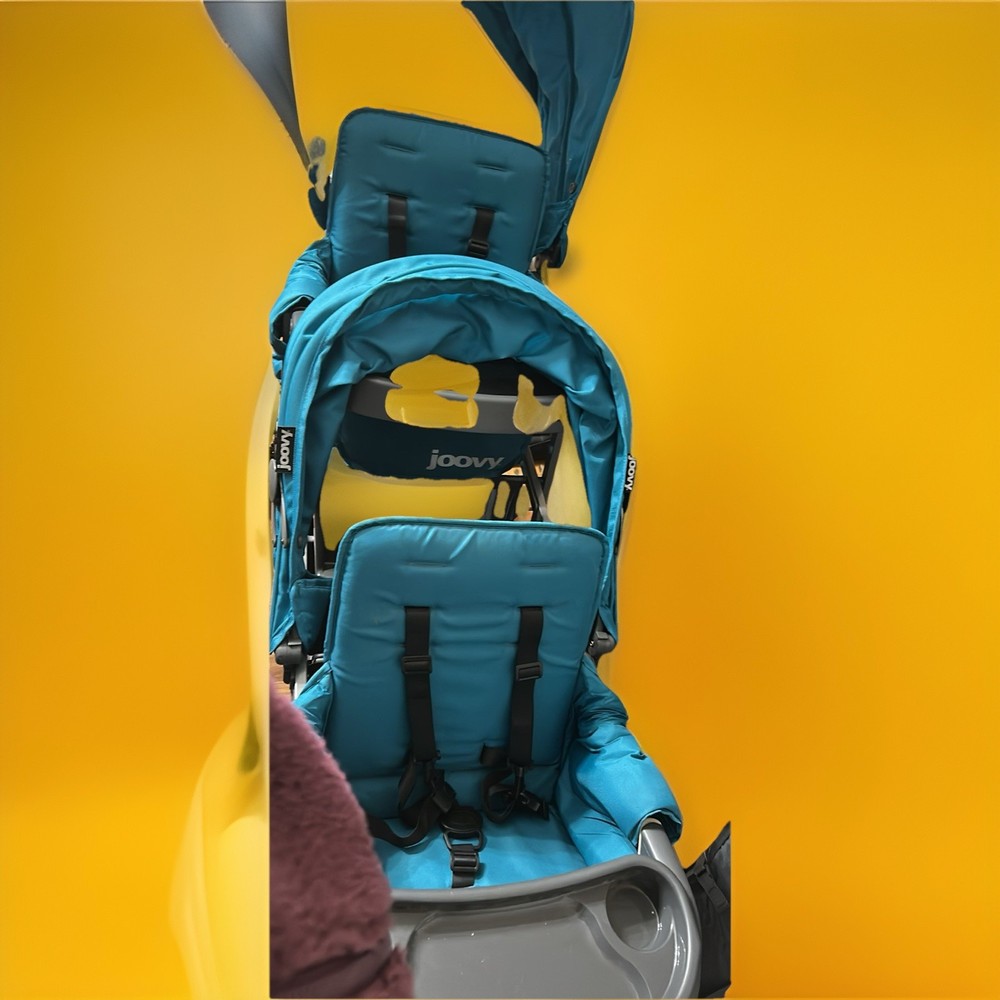 Joovy Double Stroller Blue Gray Folding Cup Holder Adjustable Back Rest