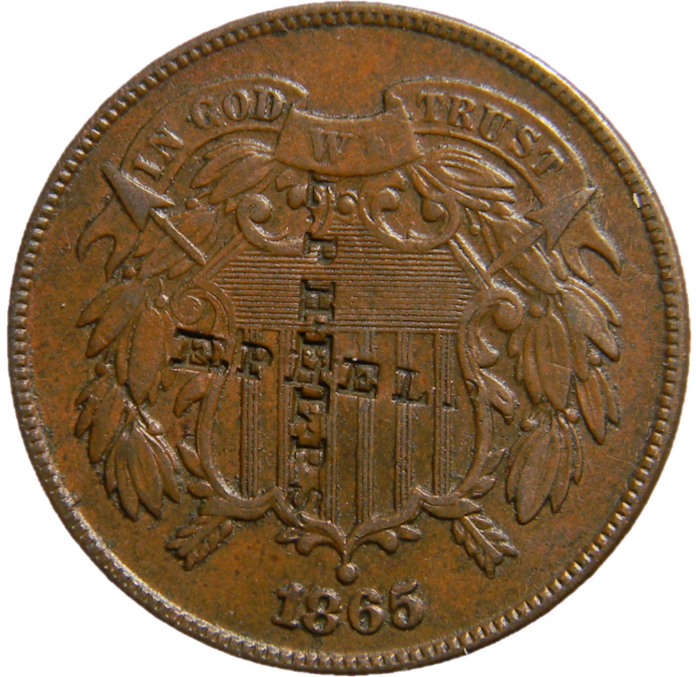 1865 2 Cents  E Phelps Counterstamp  (02801)