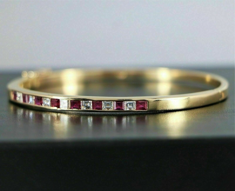 4CT Princess Simulated Ruby & Diamond Bangle Bracelet 14K Yellow Gold Plated