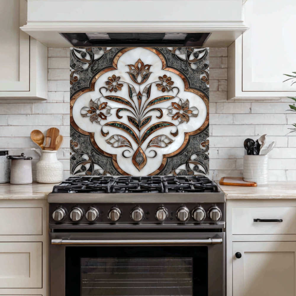 Ottoman Pattern on Marble Print Background Glass Backsplash for Kitchen Stove