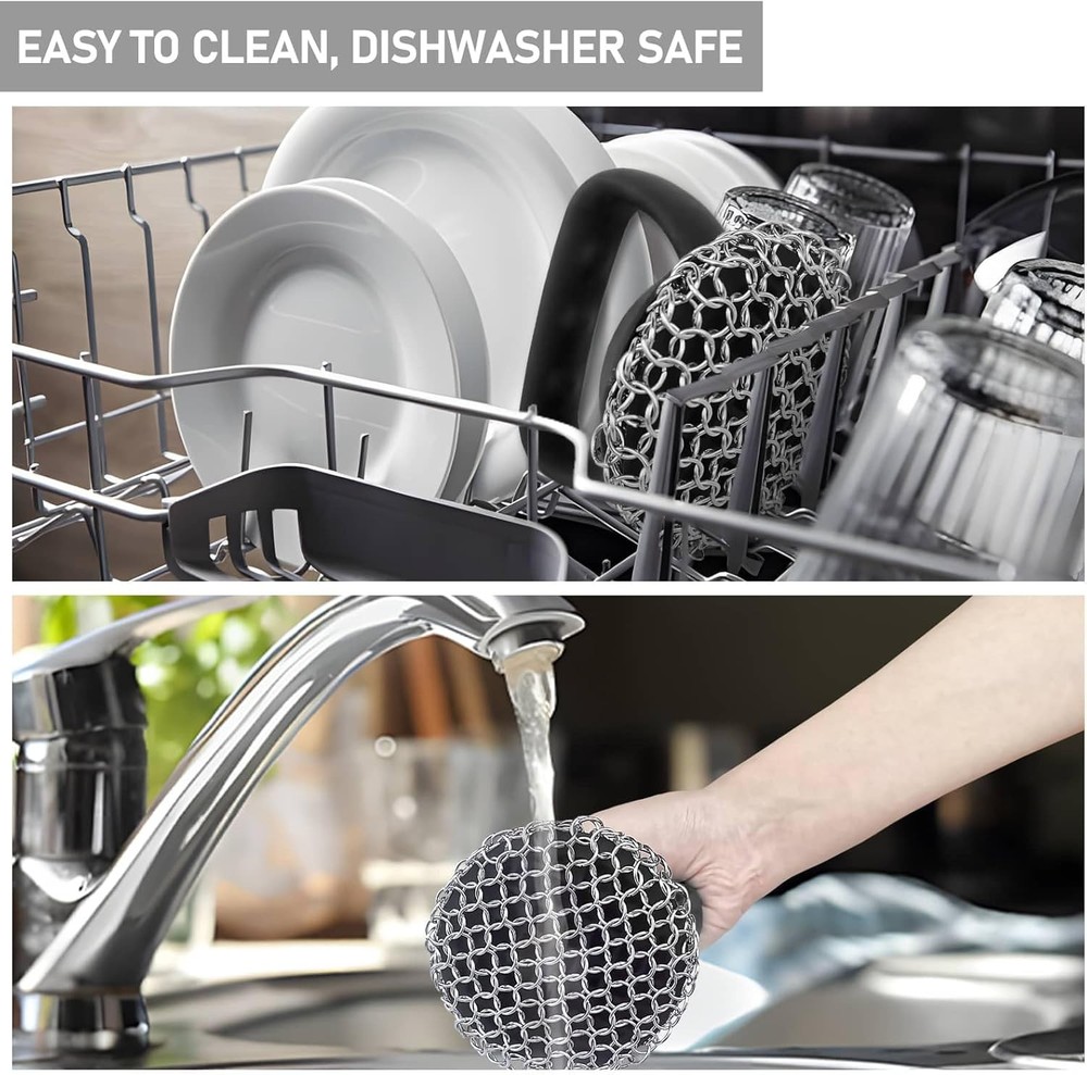 Cast Iron Chainmail Scrubber Cleaner with Handle