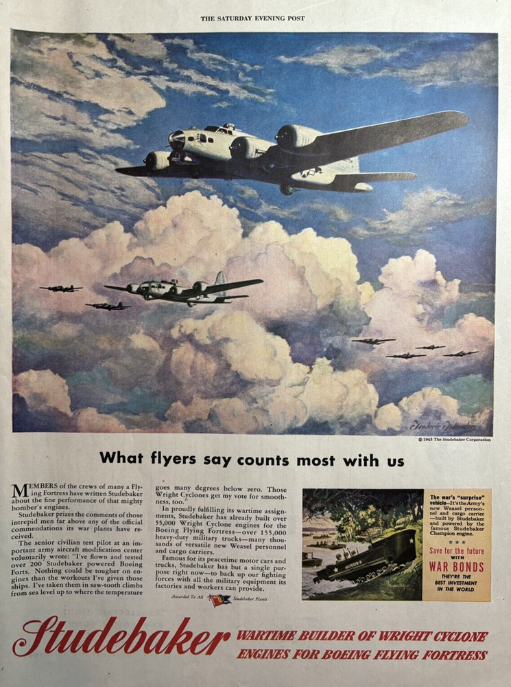 1945 Studebaker Corp WWII Wartime Builder Wright Cyclone B-17 Vintage Print Ad