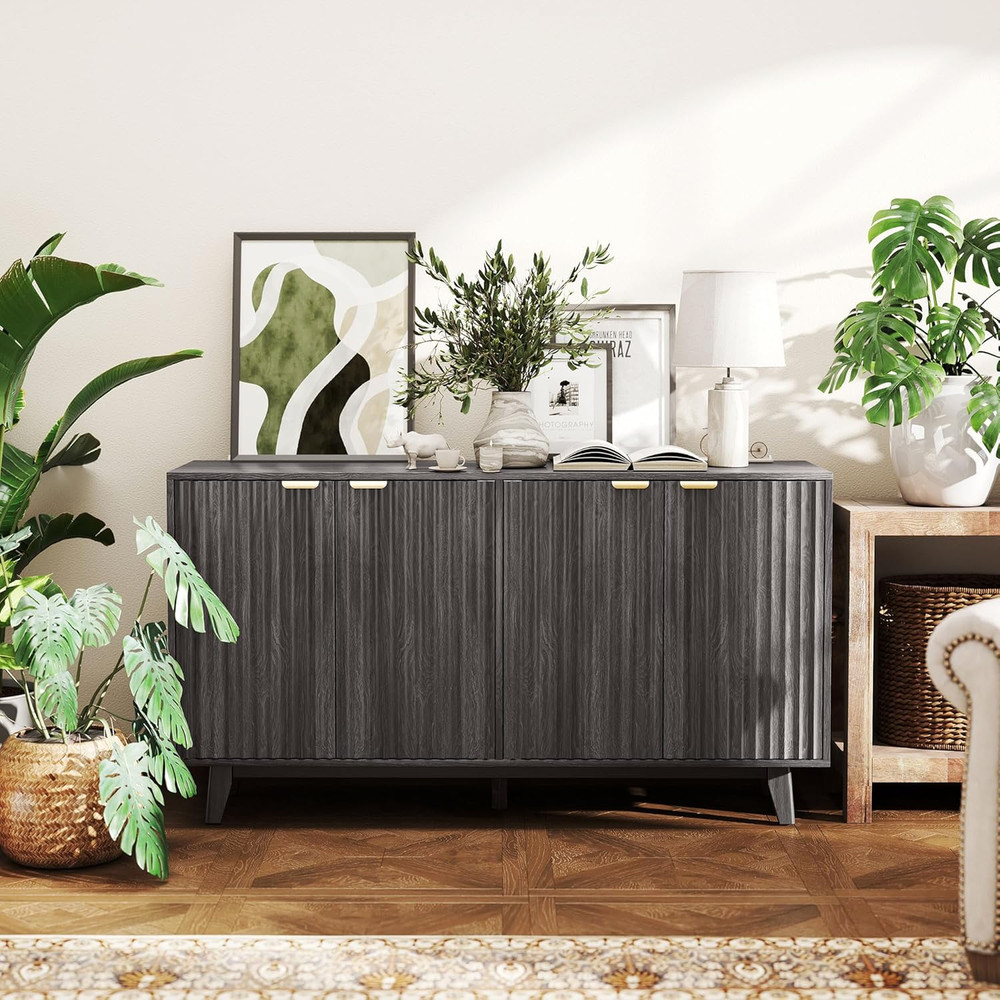 Modern Dark Gray Fluted Sideboard Buffet Cabinet with 4 Doors & 2 Shelves