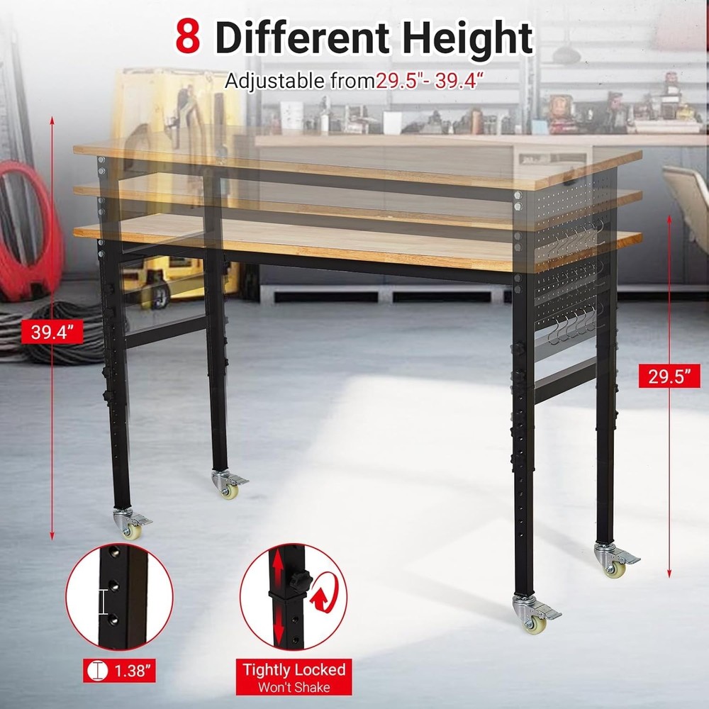 48"x24'' Adjustable Workbench 2000 Lbs Capacity Rubber Wood Workstation