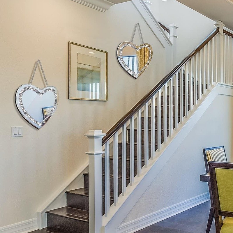 Heart Shaped Frameless Wall Mirror Crystal Bling Decor Silver Chain 2 Pack New