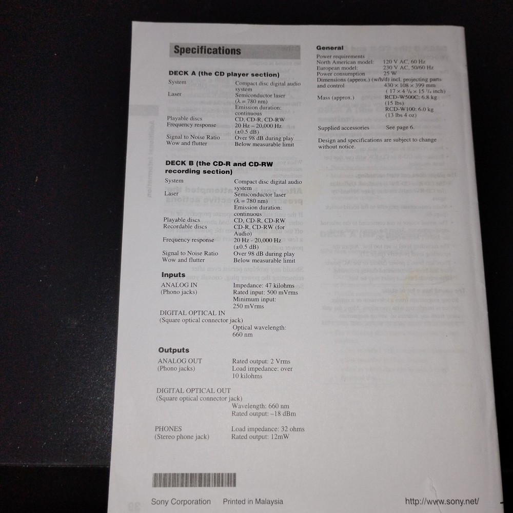 Sony RCD-W500C/W100 CD Compact Disc Recorder With Instructions And Remote