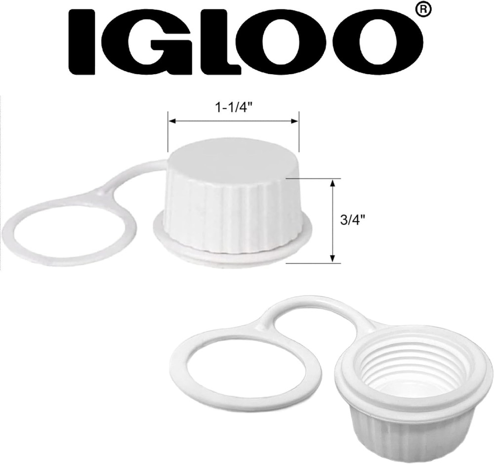 Cooler Threaded Drain Plug Caps with Plastic Tether 20049 White Small