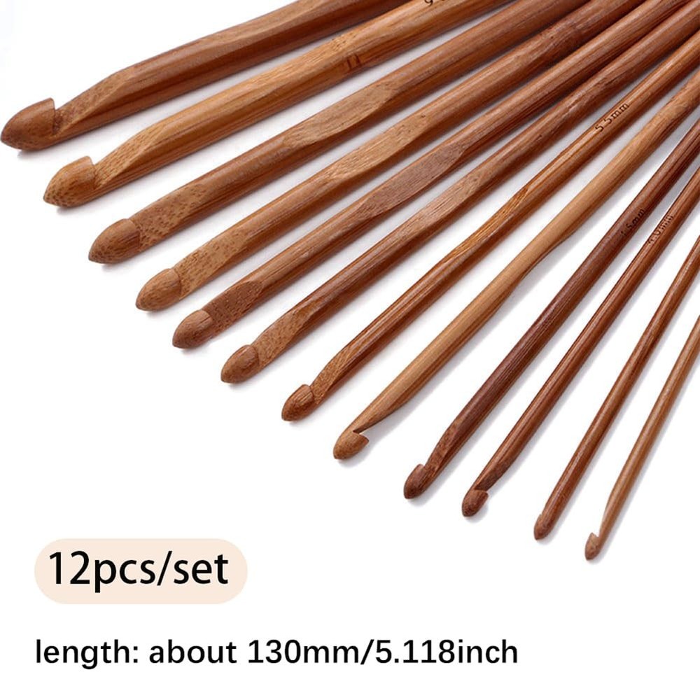 12PCS Carbonized Bamboo Knitting Single Point Bamboo Crochet Hooks Kit