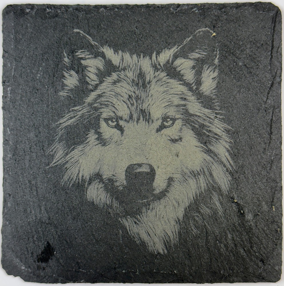Wolf Slate Coasters – Laser Engraved Rustic Wildlife Drinkware