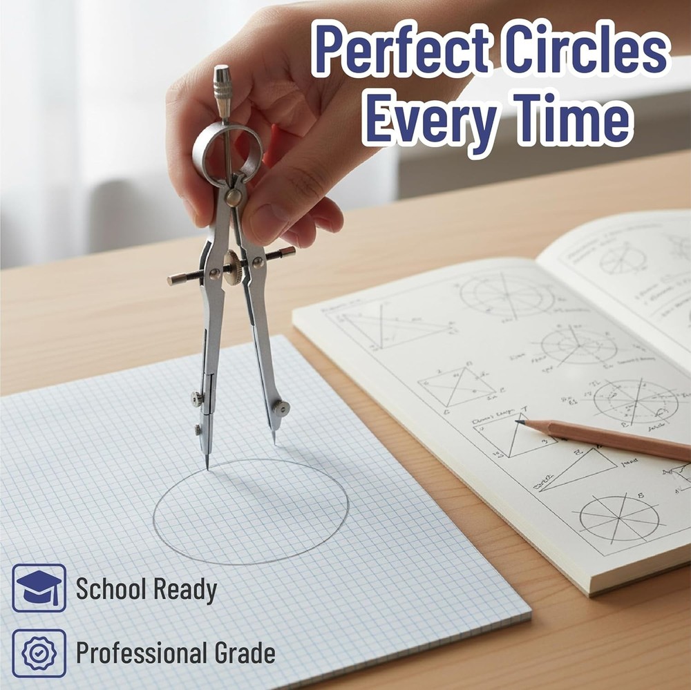Compact 15-Piece Geometry Set with Protractor and Metal Compasses for Students