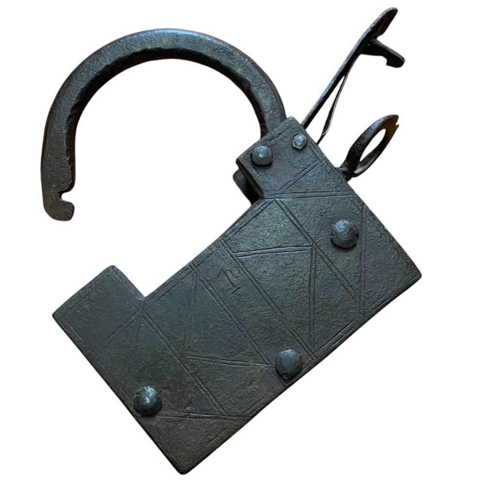 18th C Iron Trick padlock or lock with SCREW TYPE ORIGINAL KEY.