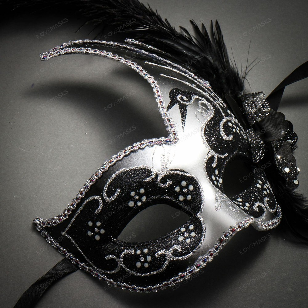 Silver Warrior Pegasus & Silver Black Side Feather Glitter Couple Masks Set