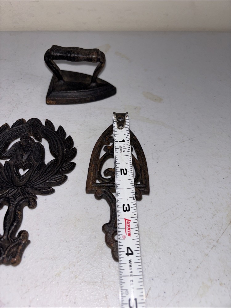 CAST IRON MINIATURE IRONS AND TRIVETS SETS 4pc VTG