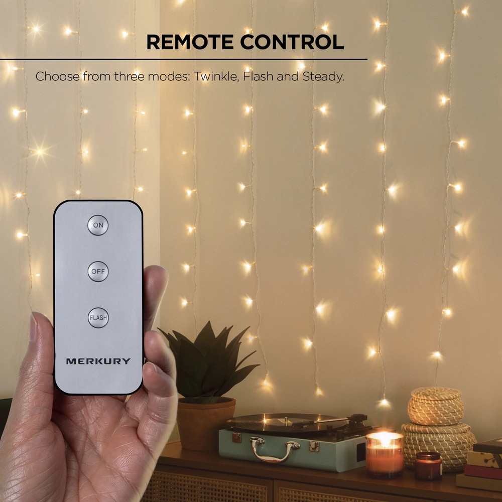 200-Count Warm White LED Curtain String Lights with Remote, Usb-Powered, Indoor