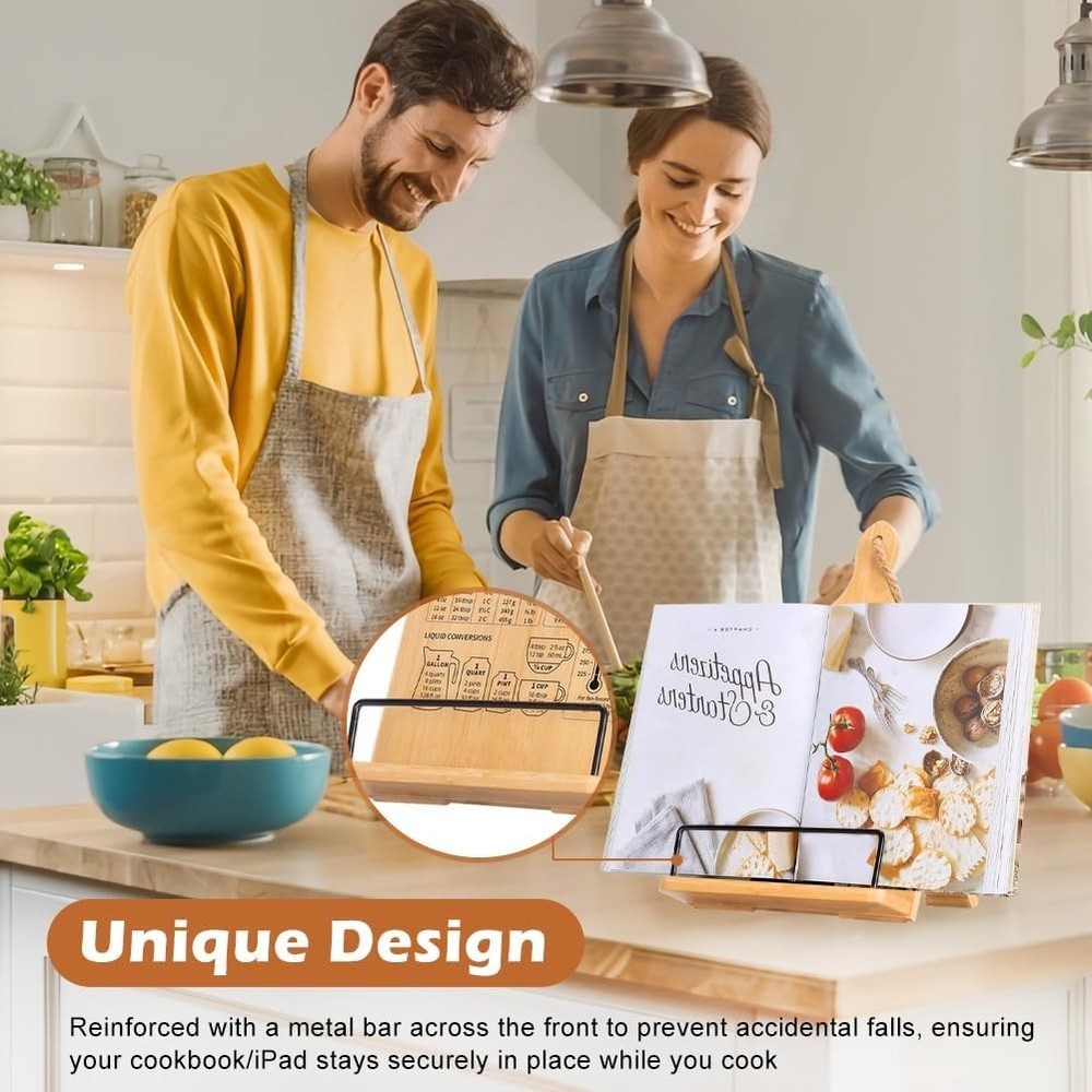 Rustic Wooden Cookbook Stand with Measurement Chart - Space-Saving & Adjustable