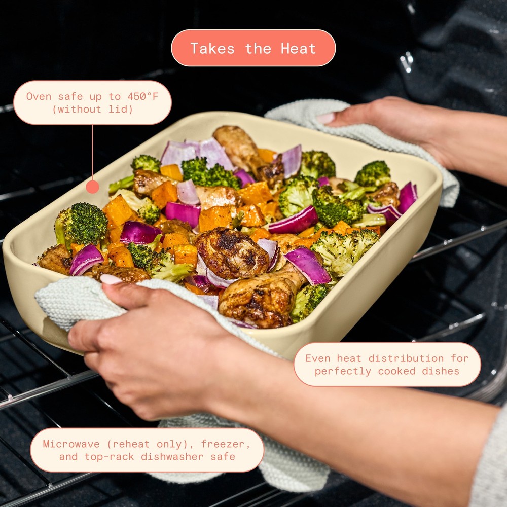 Beautiful Stoneware Baking Dish with Plastic Lid, 9x13 in, 4 Quart Capacity,
