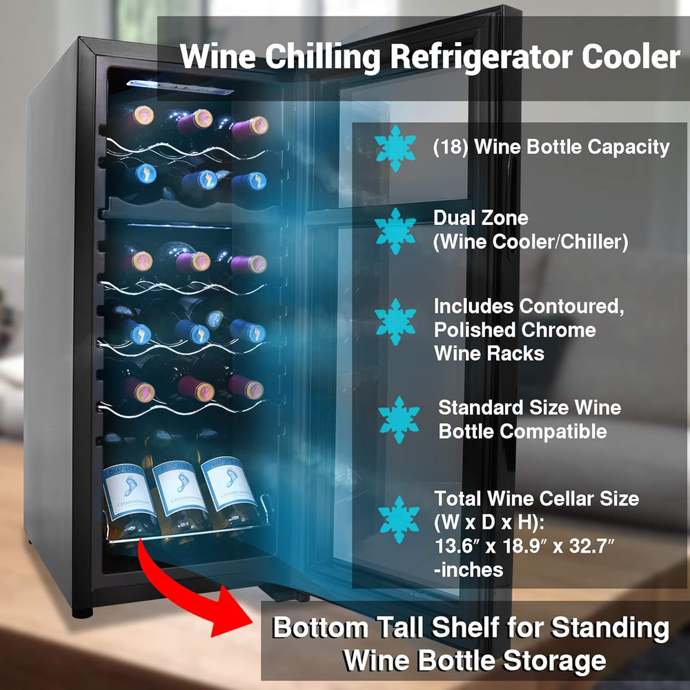 Dual Zone 18-Bottle Freestanding Wine Fridge - Adjustable Temperature, Black