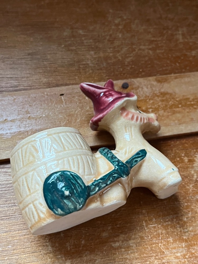 Vintage Small Tan Donkey w Cranberry Hat Pulling Barrel Wagon Pottery Ceramic
