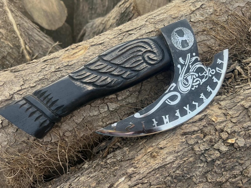 Handmade Viking Pizza Cutter Axe with Engraved Ashwood Handle