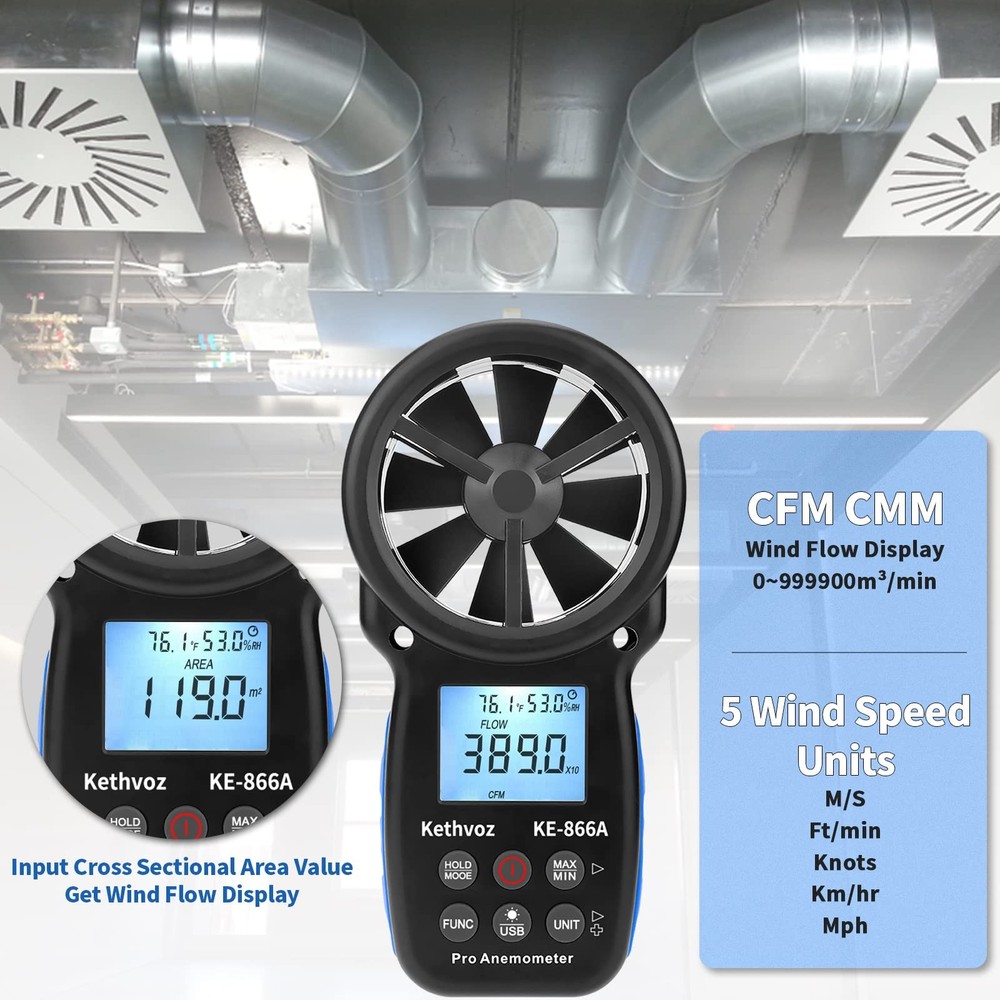 Anemometer HVAC Anemometer, Wind Meter CFM Air Flow Tester Wind Speed...