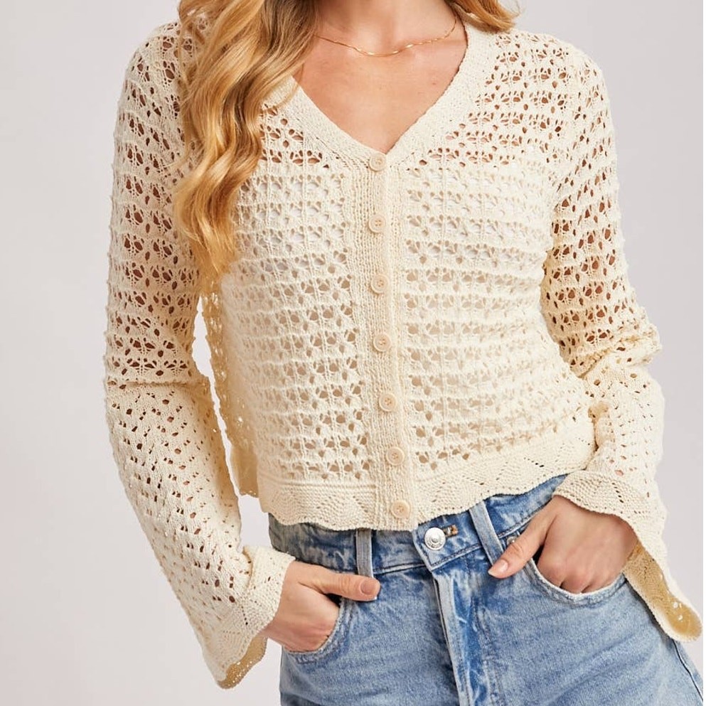 Button-Down Open-Knit Crochet Cardigan Ecru Small