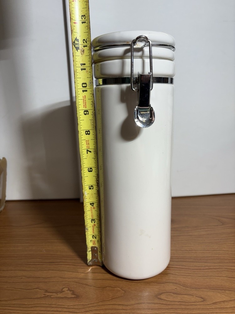 White Ceramic and Silver Latched Storage Canister 12” Nice