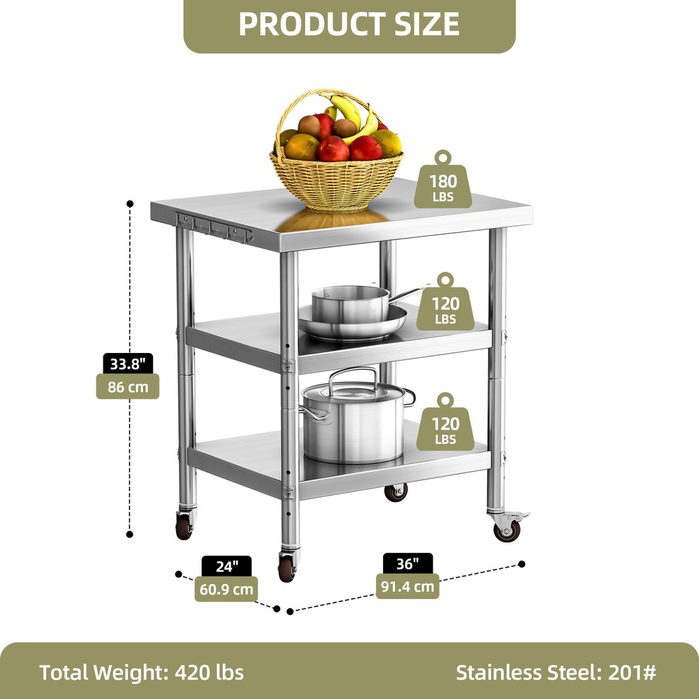 36"x24" Stainless Steel Rolling Work Table 3 Tier Adjustable Shelf Kitchen Prep