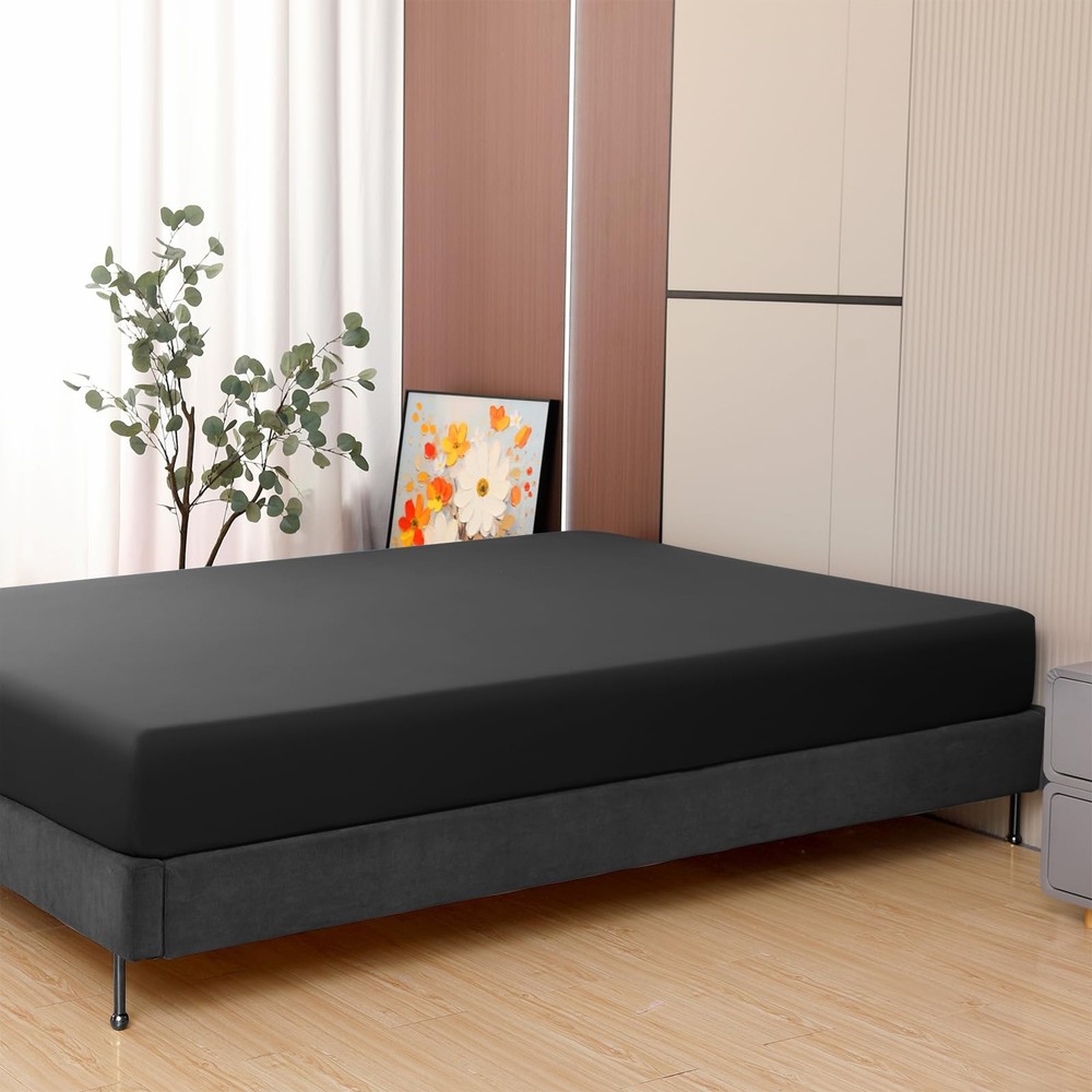 Soft Brushed Microfiber Black Twin Size Fitted Sheet-Comfortable and Durable ...