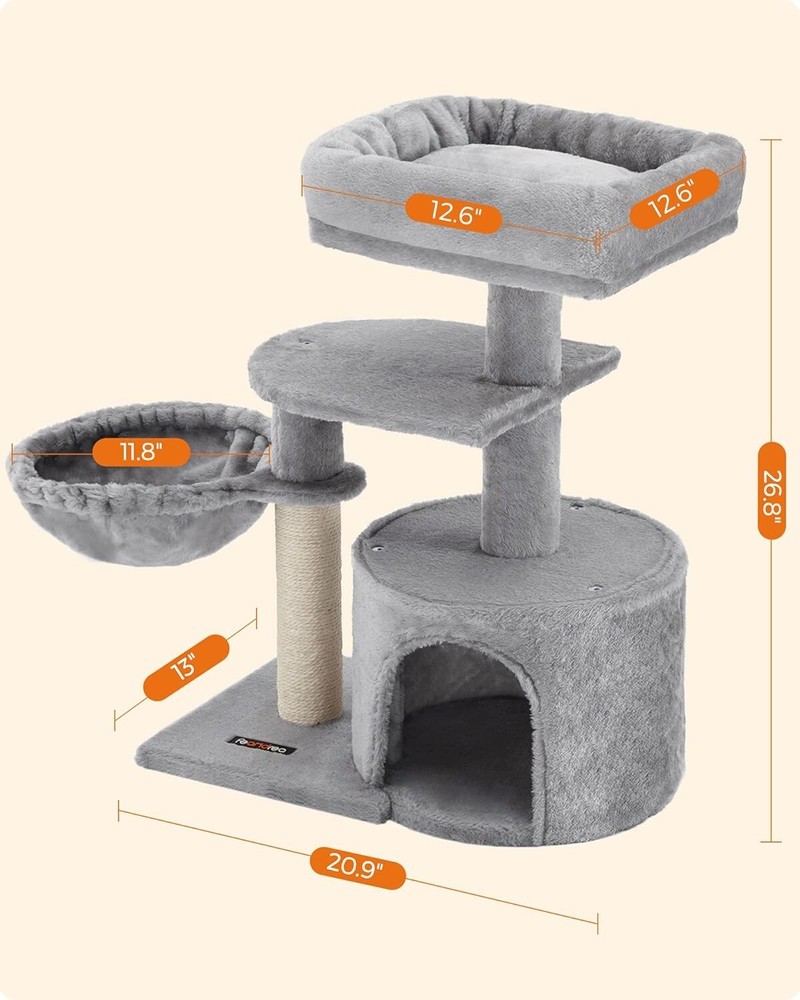 Small Cat Tree - Scratching Post - Basket - Cave - Light Gray - Compact Size