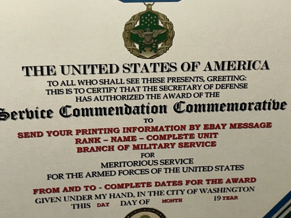 JOINT SERVICE COMMENDATION MEDAL COMMEMORATIVE CERTIFICATE ~TYPE-2 w/PRINTING