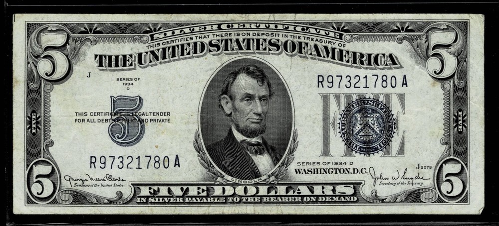 1934-D $5 SILVER CERTIFICATE NOTE~VERY FINE