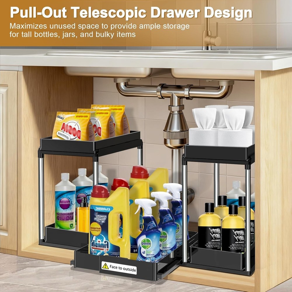 Expandable Under Sink Organizer 2 Tier Under Cabinet Organizer Double Pull Out