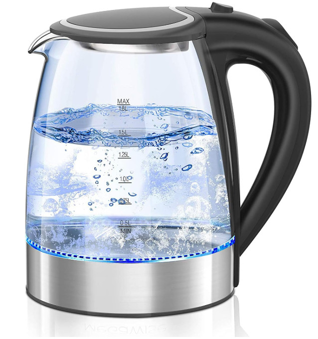 Hervidor vidrio 1,8 L con luz LED, apagado auto y ebullición rápida.