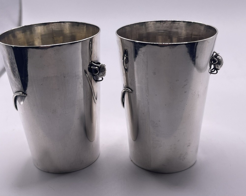 Chinese Export Luen Wo Figural Silver Bug Lizard Cup Pair