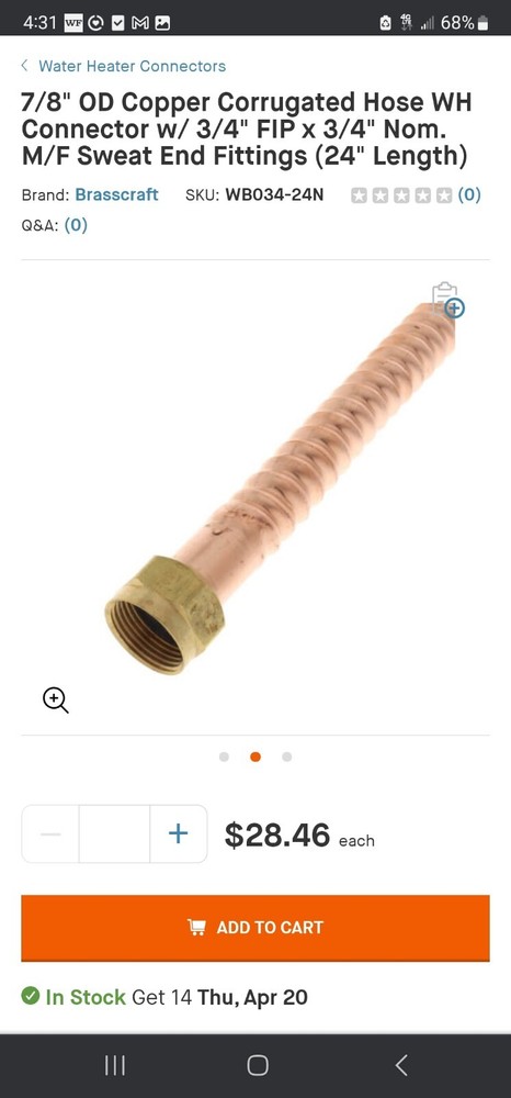 CASE OF 25 Brass Craft Water Heater Connector ⅞" OD tube x 24" x ¾" WB034-24N