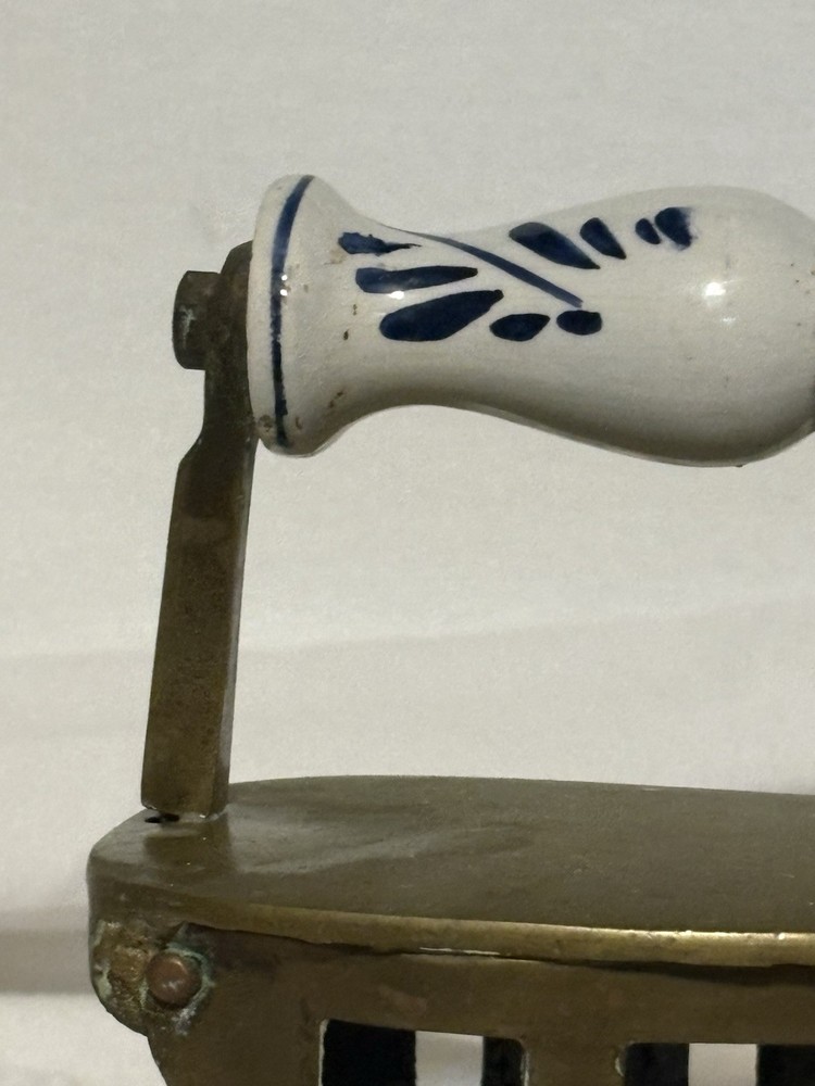 Antique Solid Brass Coal Iron Pottery Handle Dutch Delft White And Blue Handle