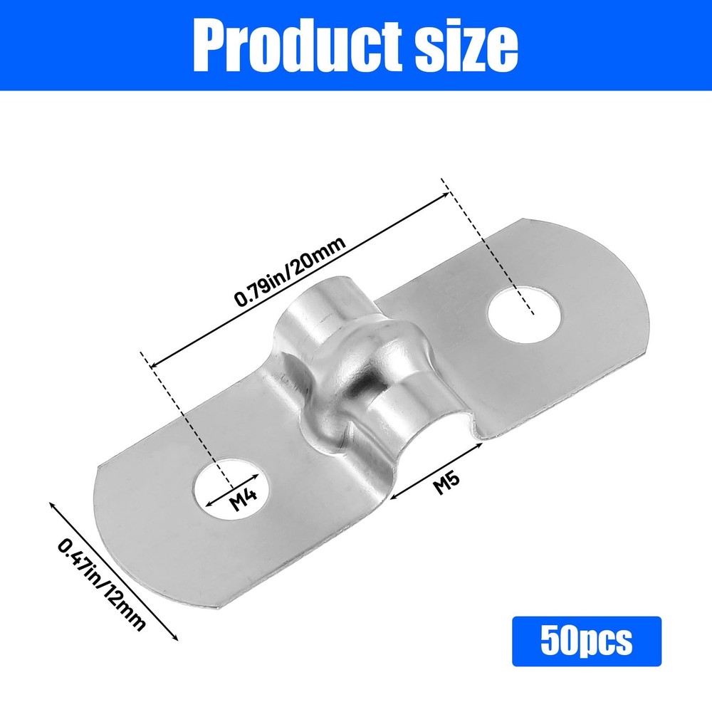 50 Pcs 1/4" Two Hole Strap U Bracket, M5 Rigid Pipe Clamp Silver