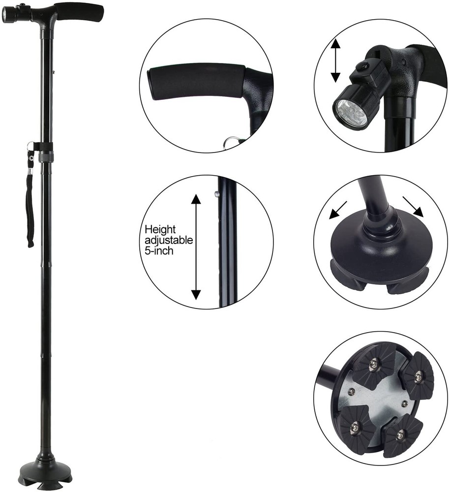 LED Walking Stick Cane All Terrain Pivoting Base Folding Cane Adjustable Height