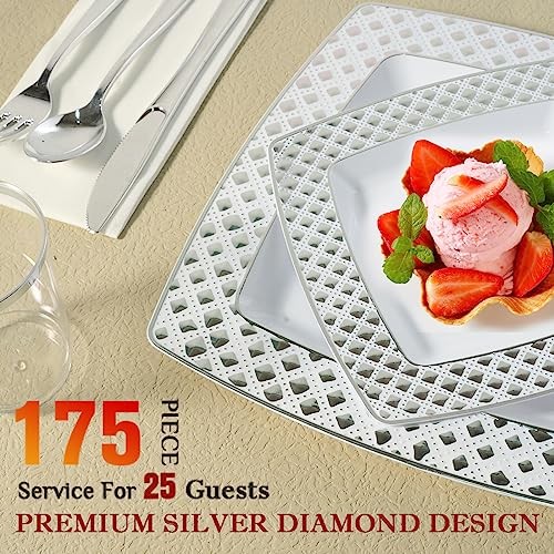175 Count Silver Dinnerware Set for 25 Guests, Silver Diamond Rim Plates