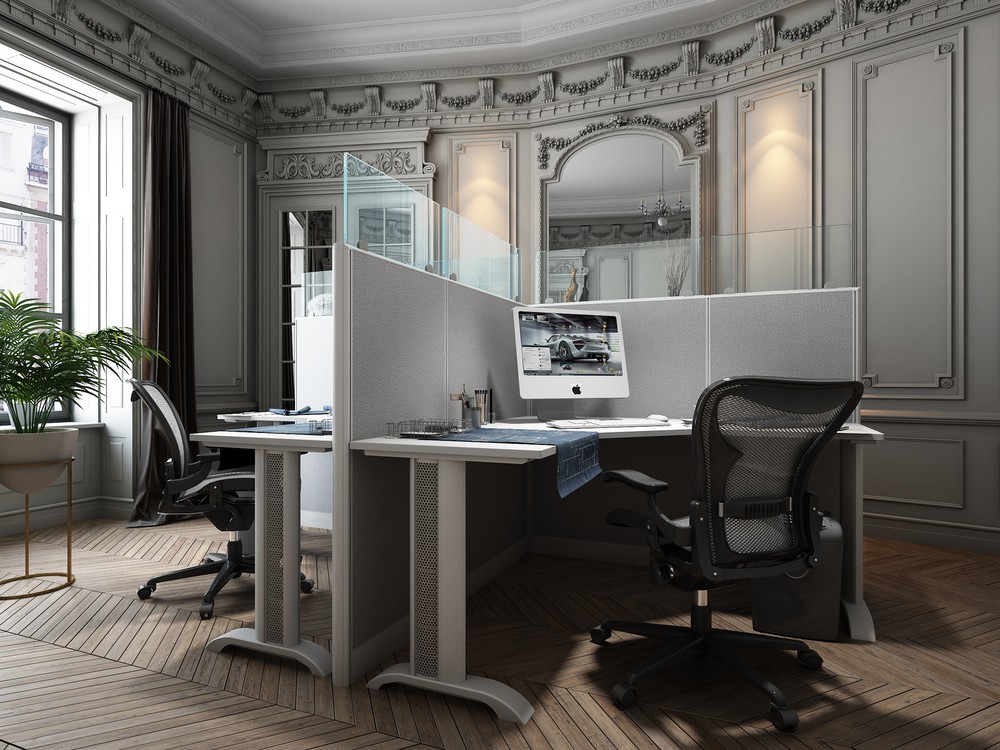 5x5 Cubicles- 66″ H- 2 MAN L Shape (MIRROR) Glazed Cubicles -E
