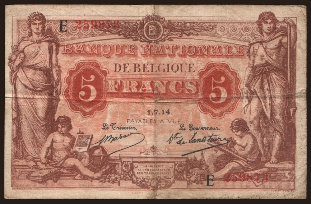 Belgium - 1914 - 5 Francs - "VG" - #CO384