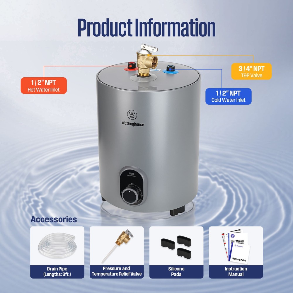 1.5 Gallon Electric Mini Tank Hot Water Heater 1440W Compact Storage Tank Heater