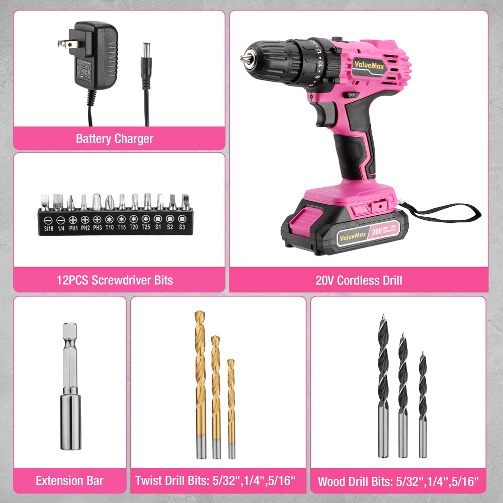 ValueMax Cordless Drill Driver Set Magnetic w/Keyless Chuck 18+1 Torque Settings
