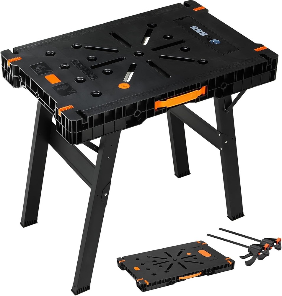 Folding Work Bench with Clamps & Power Strip Portable Work Table 34"W x 22"D