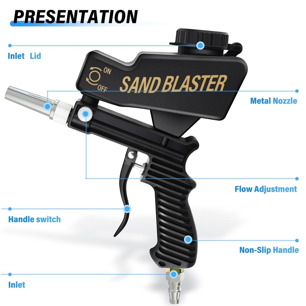 Black Portable Air Sand Blaster Kit for Air Compressor Remove Paint, Rust, St...