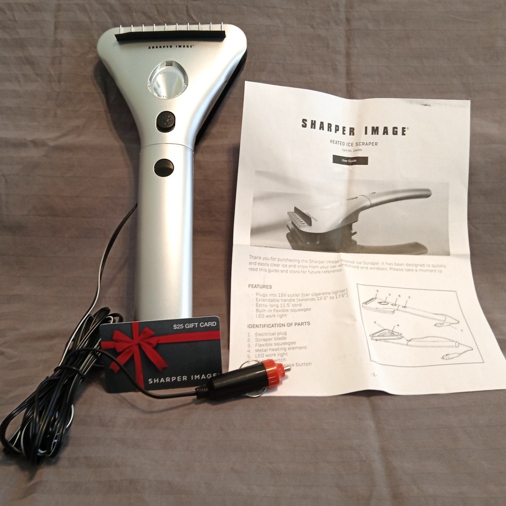 New 12V Heated Ice Scraper by Sharper Image with LED Work Light & Squeegee